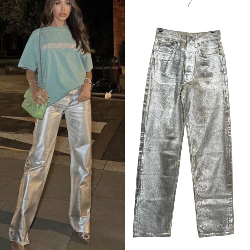 Zara Boy Fit Jeans Boyfriend Mid Rise Button Fly Silver Metallic Size US 0